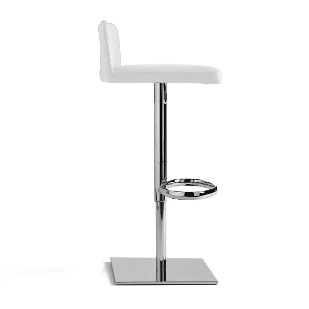 WHITE LEATHER - Frag Bella Gp Adjustable Bar Stool, modern white leather with glossy chrome frame and footrest, side view.