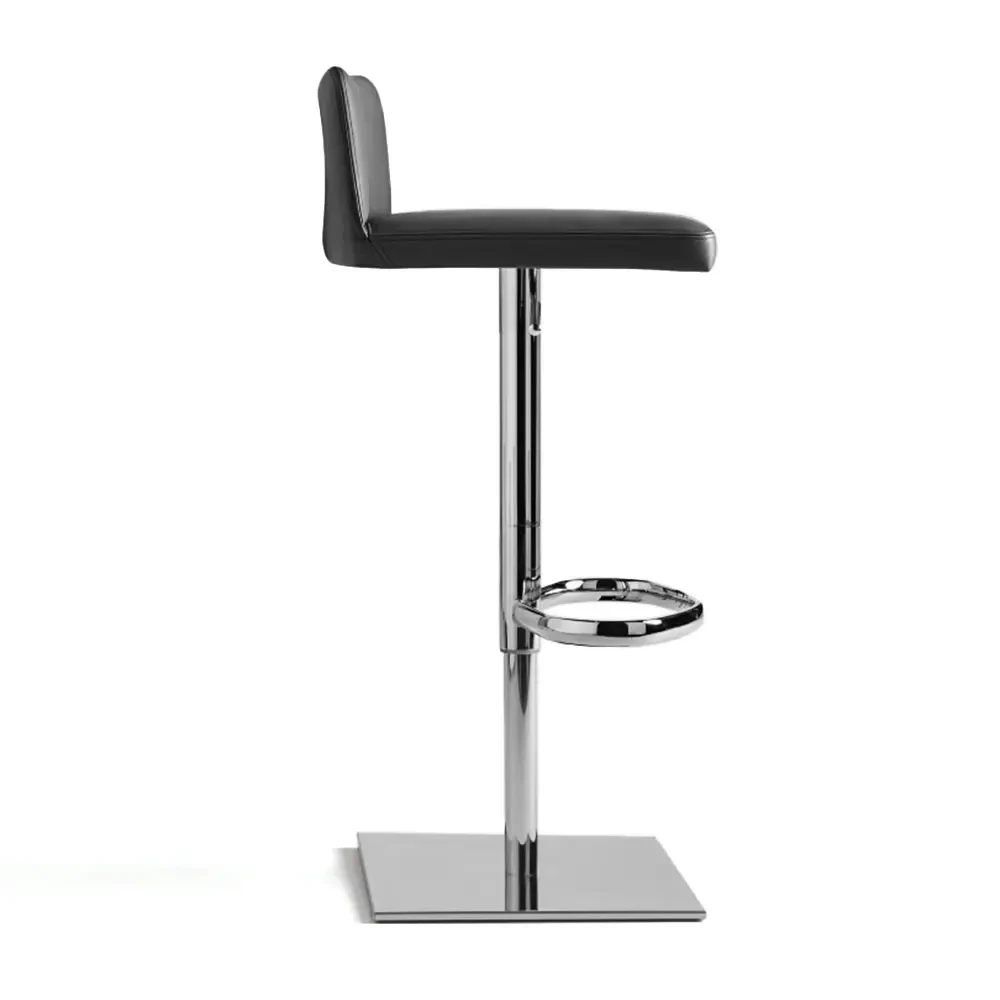 BLACK LEATHER - Frag Bella Gp Adjustable Bar Stool, modern style, black leather seat, glossy chrome frame, side view.