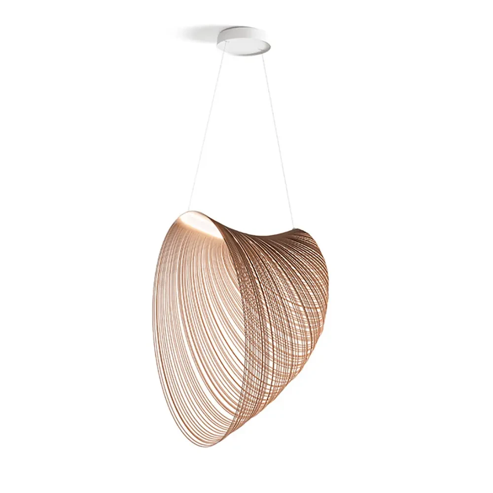 Illan Suspension Large pendant light, modern copper-toned lasercut birch plywood, dimmable 40W LED, front view.