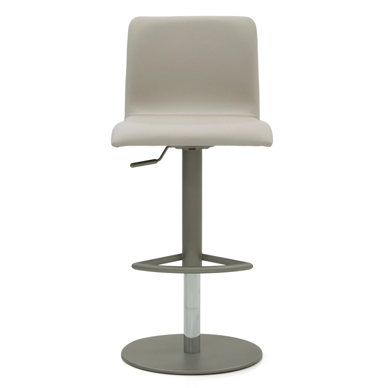 Modern grey faux leather bar stool with adjustable height, footrest, and round base, front view.