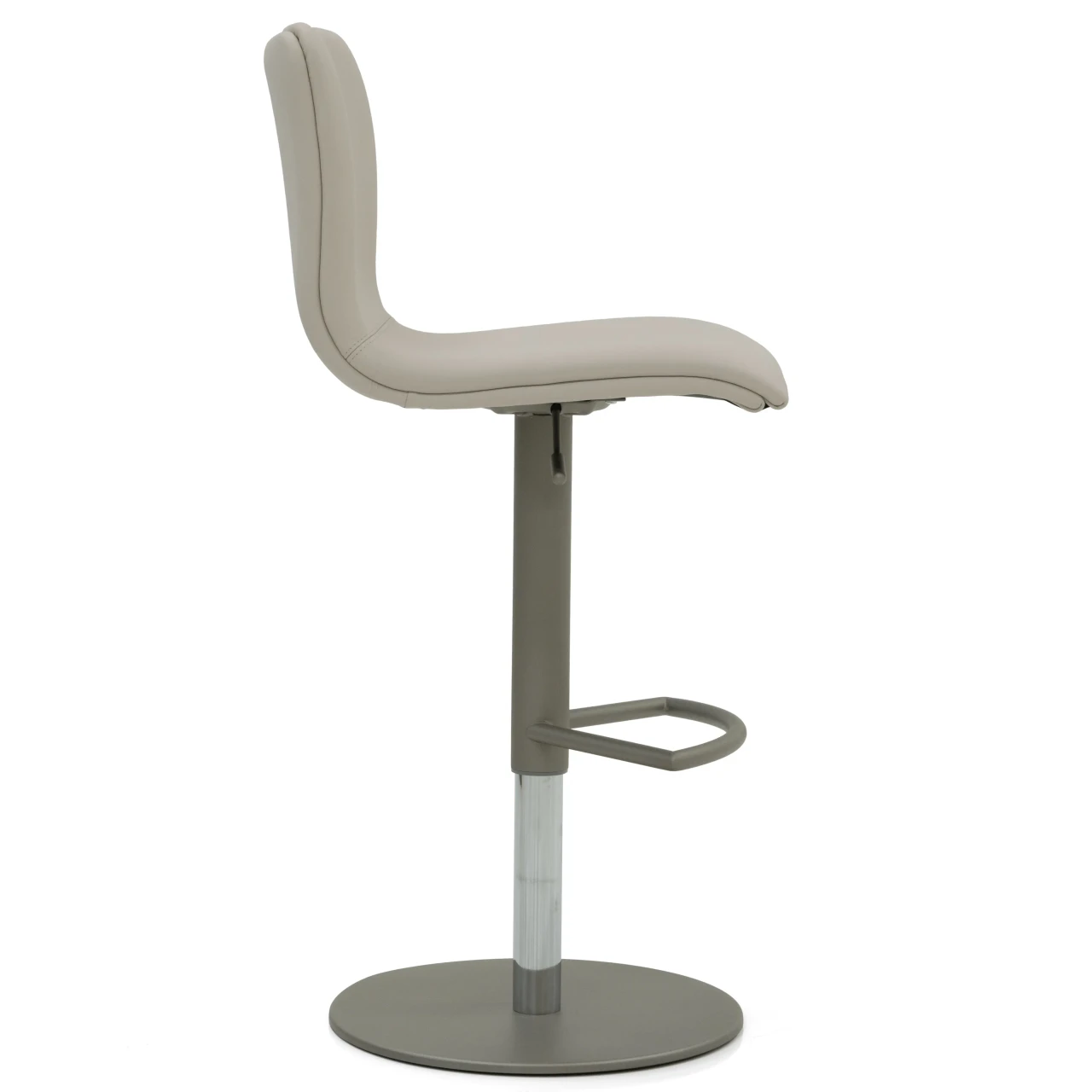 Taupe faux leather modern swivel bar stool with adjustable height, footrest, and round base, side view.
