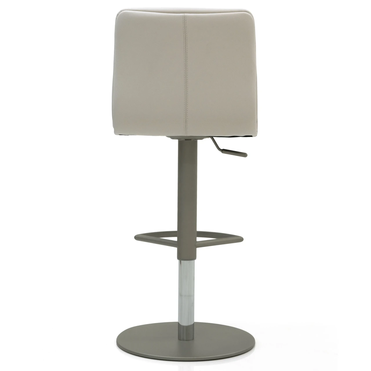 Modern beige faux leather swivel bar stool with adjustable height and grey metal base, viewed from the back.