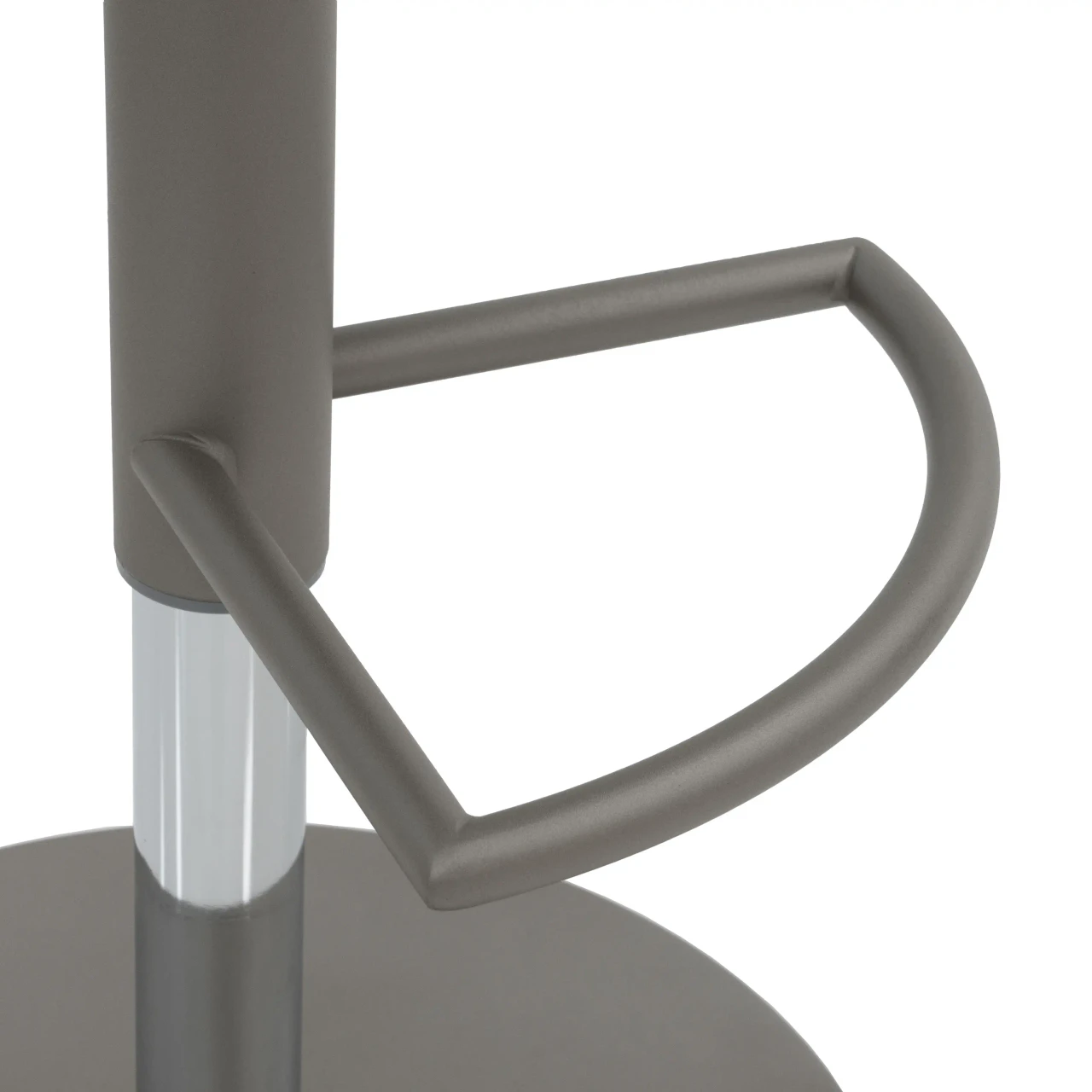 Closeup - Close-up side view of a grey metal modern pedestal table base featuring a built-in handle and circular foot.