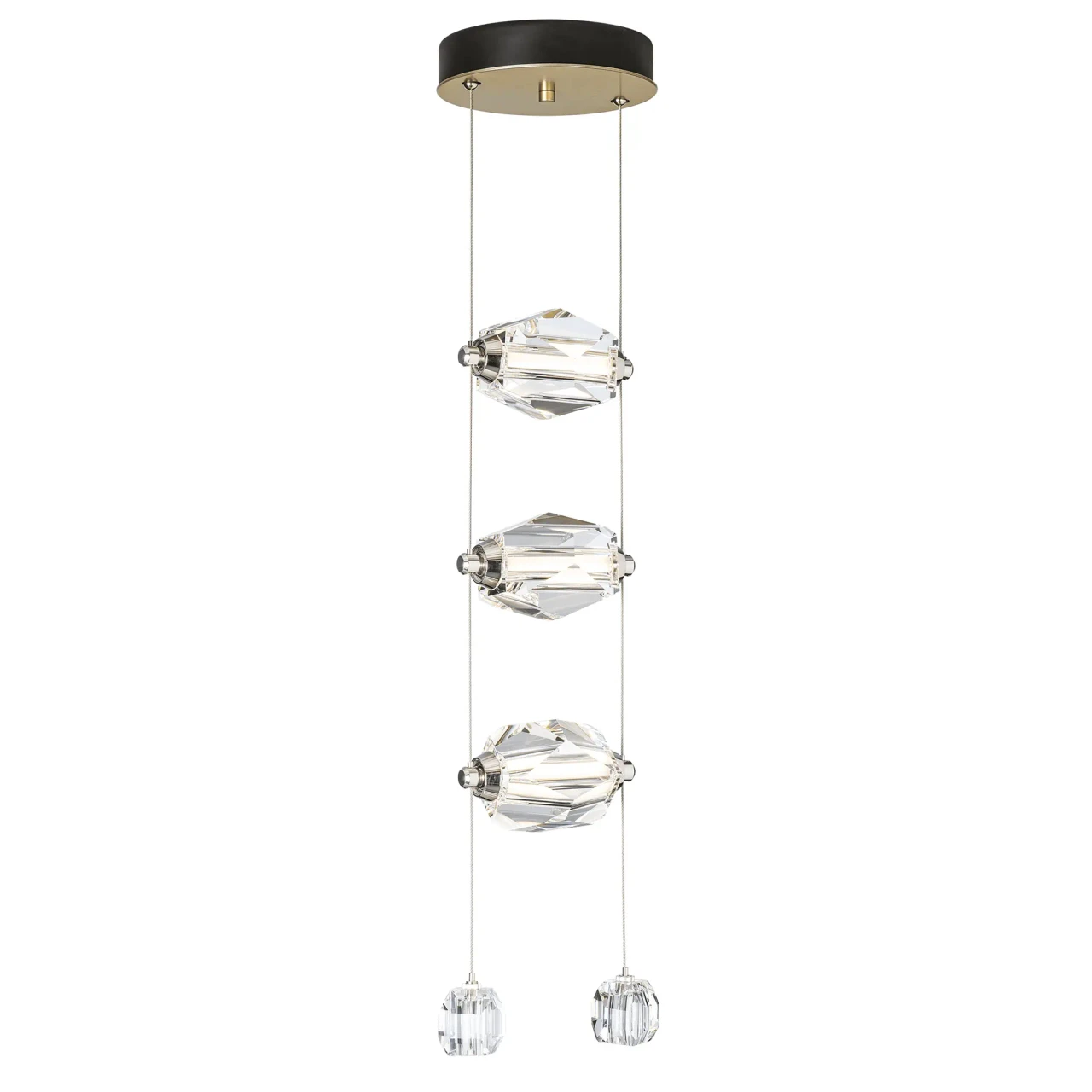 Gatsby 3-light pendant, modern brass finish, crystal, integrated LED, front view, black ceiling canopy.
