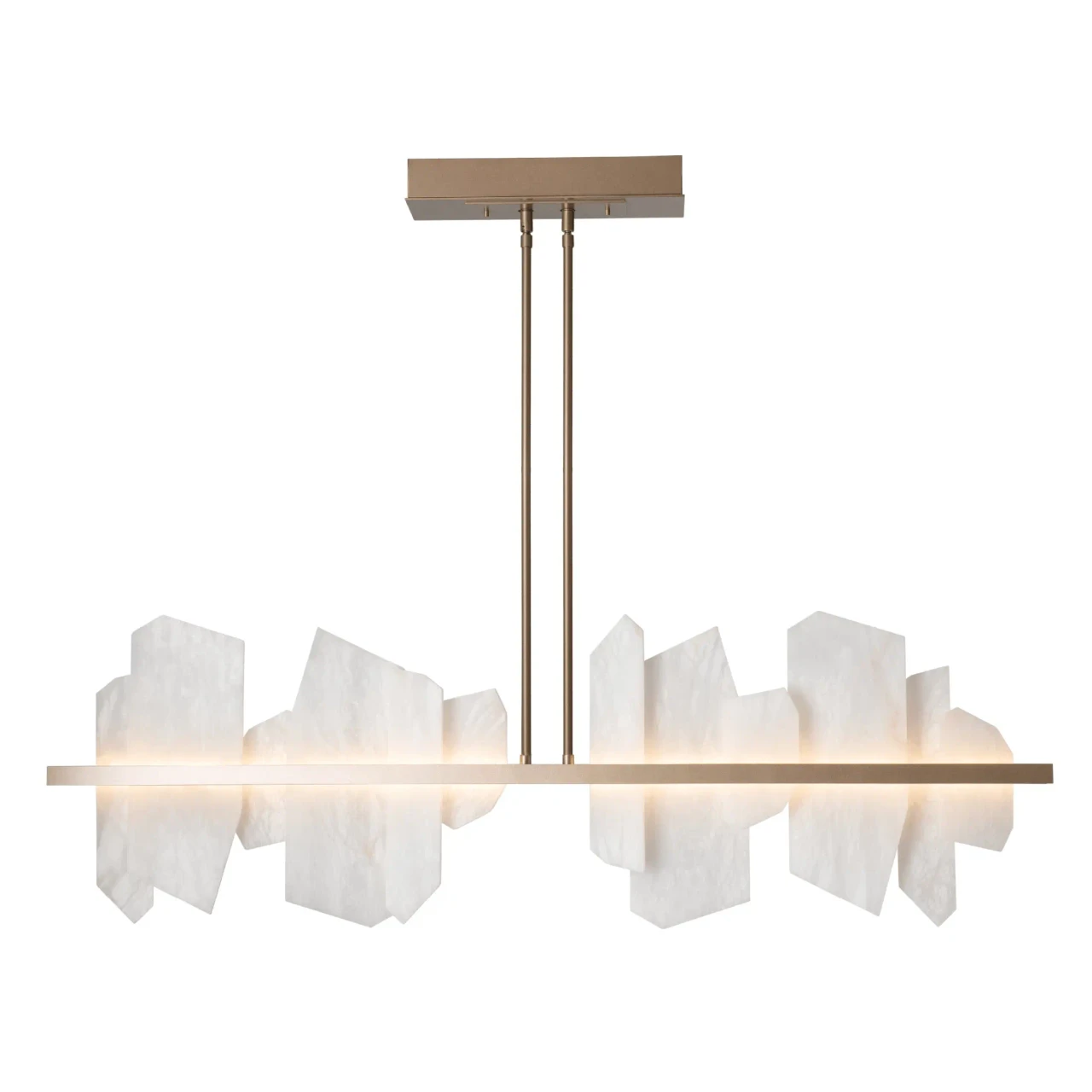 SOFT GOLD - Volterra Linear Led Pendant in Soft Gold Finish and Alabaster Stone, modern style, front view, integrated LED lighting.