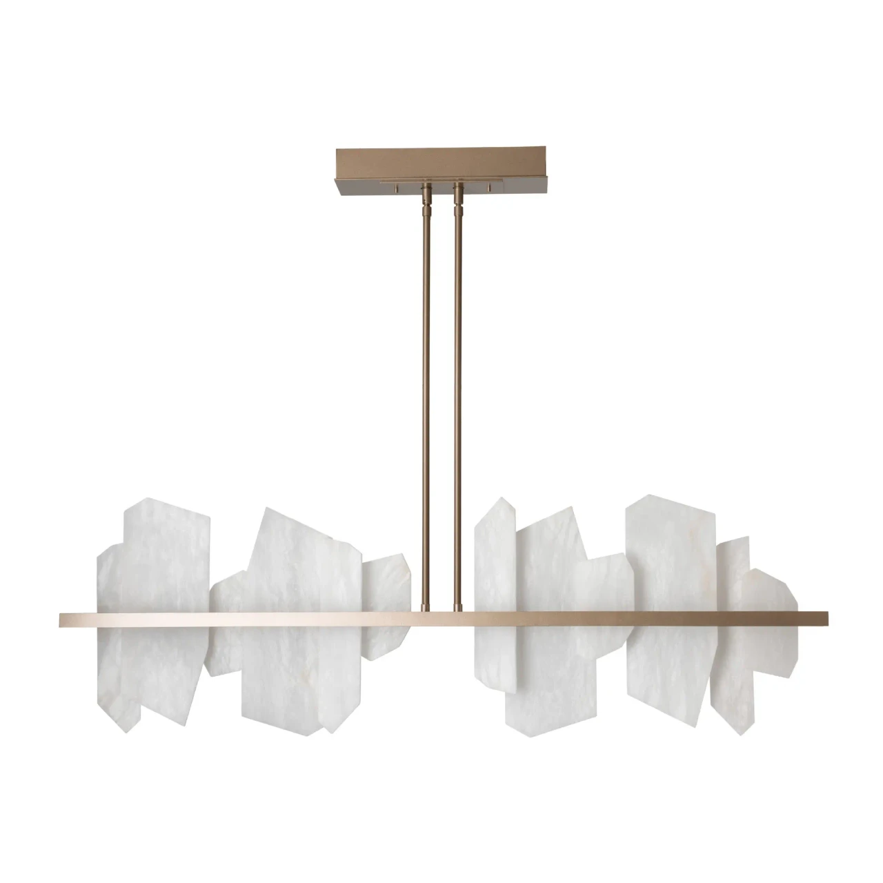 SOFT GOLD - Volterra Linear Led Pendant in Soft Gold Finish and Alabaster Stone, modern style, front view.