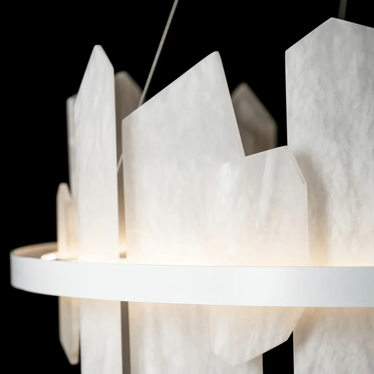 WHITE || Closeup - Volterra Circular Led Pendant, modern white metal and alabaster stone chandelier, close-up detail view.
