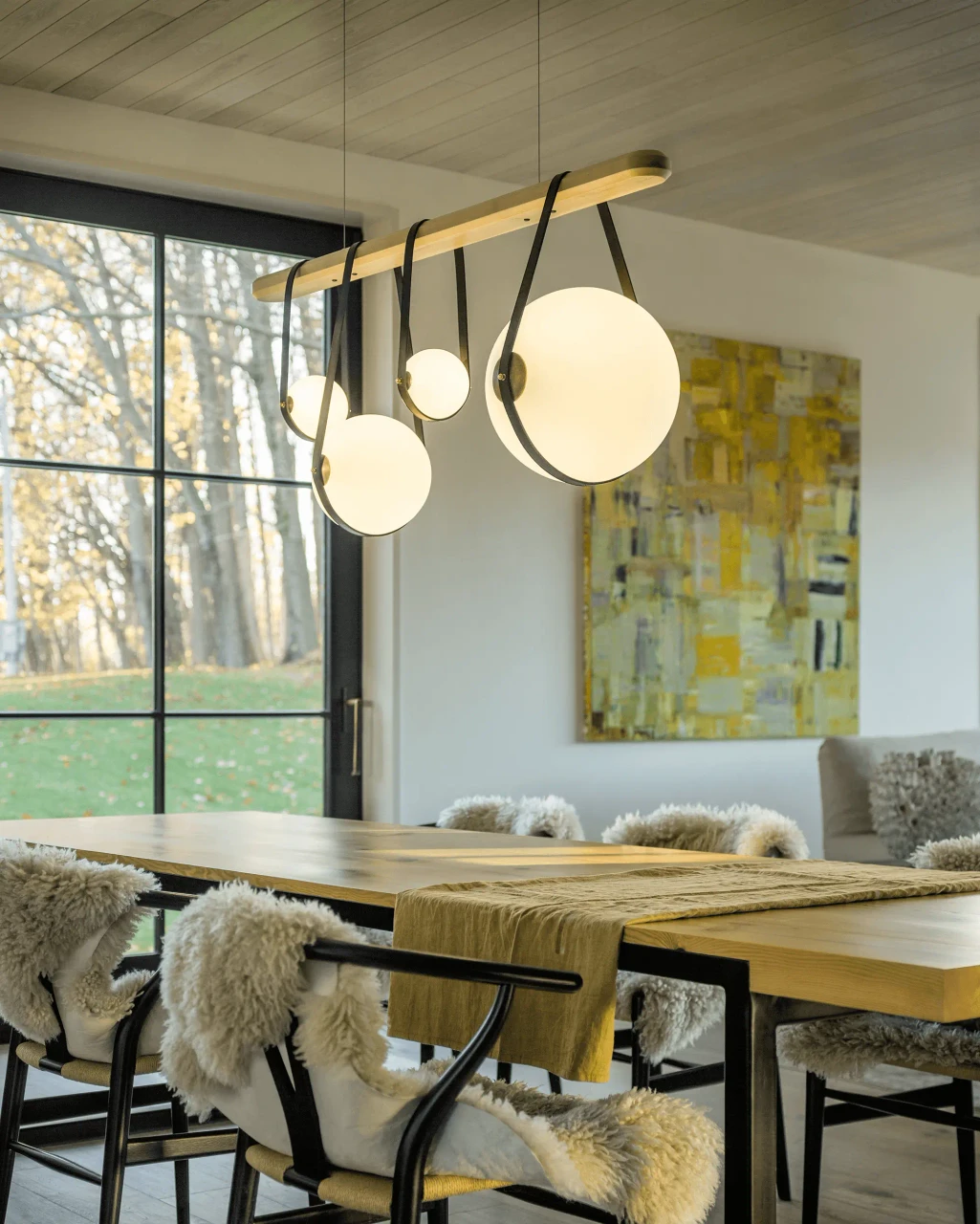 Derby Linear 4-light Fixture, maple wood and black metal with opal glass and black leather, dining room, eye-level view