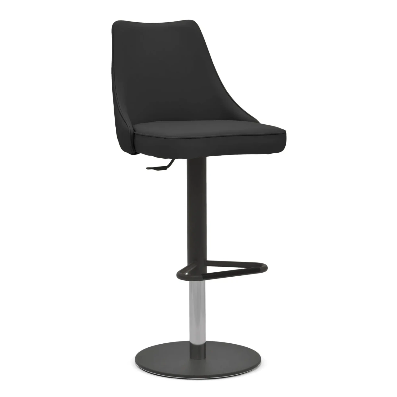 ANTHRACITE ECOPELLE - Bontempi Casa Clara adjustable bar stool, modern anthracite eco-pelle seat and back, chrome piston, side view.