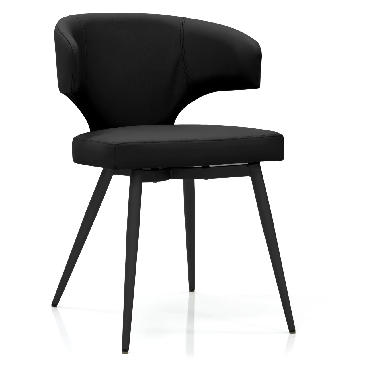Wing Side Chair in black leather with black powder coat metal legs, modern style, 3/4 view angle.