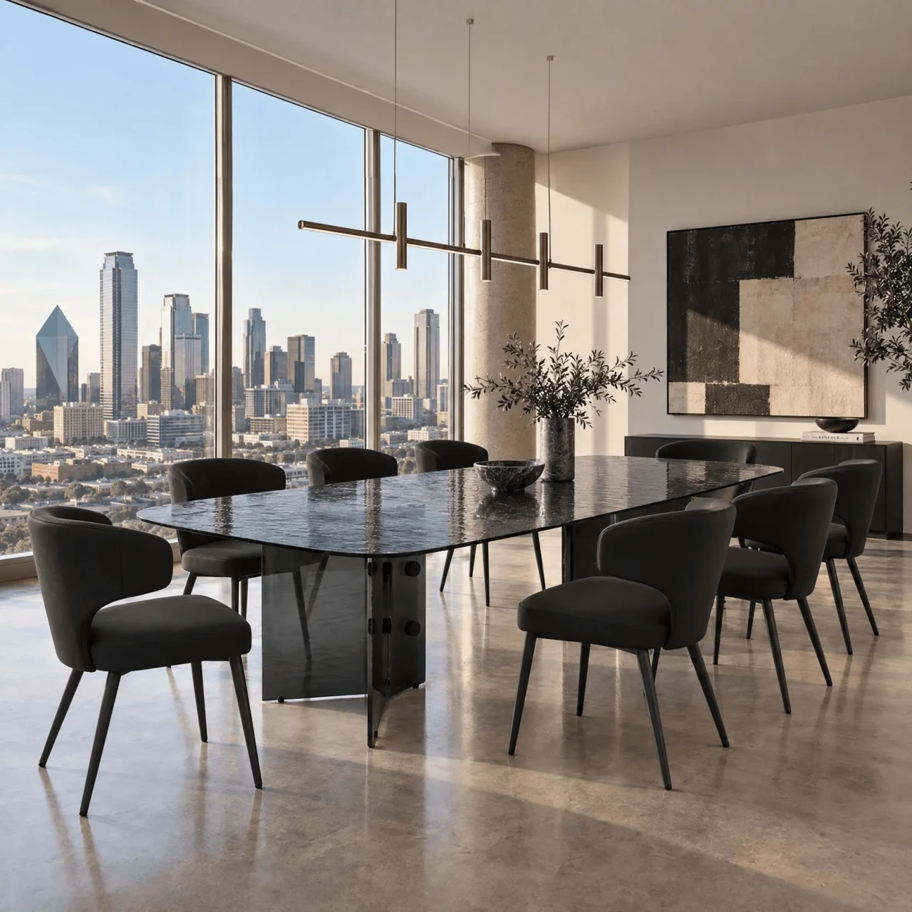 Wing Side Chair in black leather with black powder coat metal legs in a modern dining room, three-quarter view.