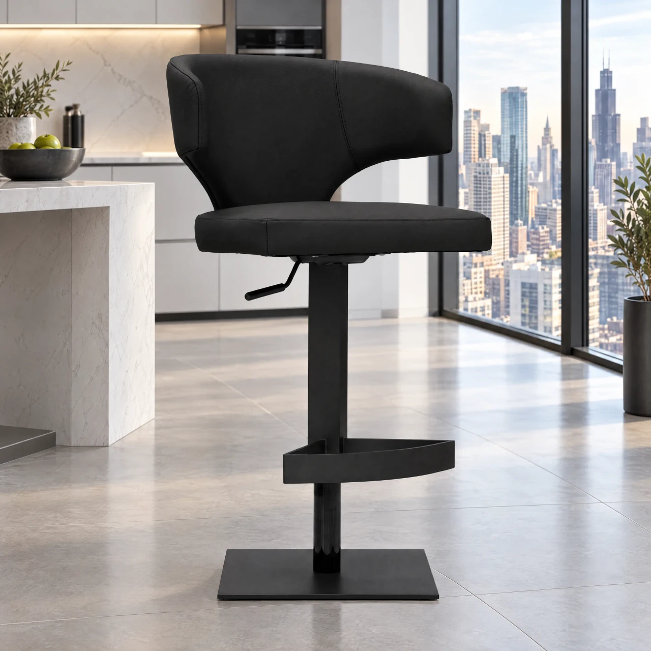 Wing Bar Stool in black leather with black base, post, footrest and chrome lift, side view in a modern kitchen setting.