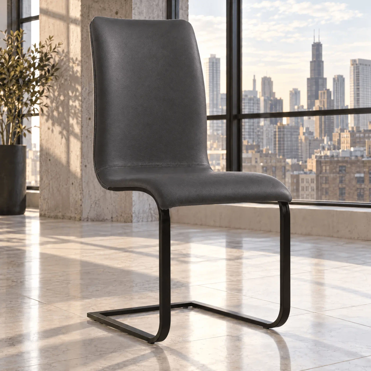 GREY - Toro Side Chair in grey leather with black powdercoat frame, modern cantilever style, side view in a bright dining room.