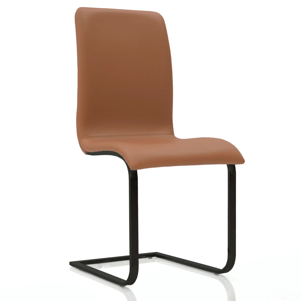 COGNAC LEATHER - Toro Side Chair in cognac leather with black powdercoat frame, modern style, side view.
