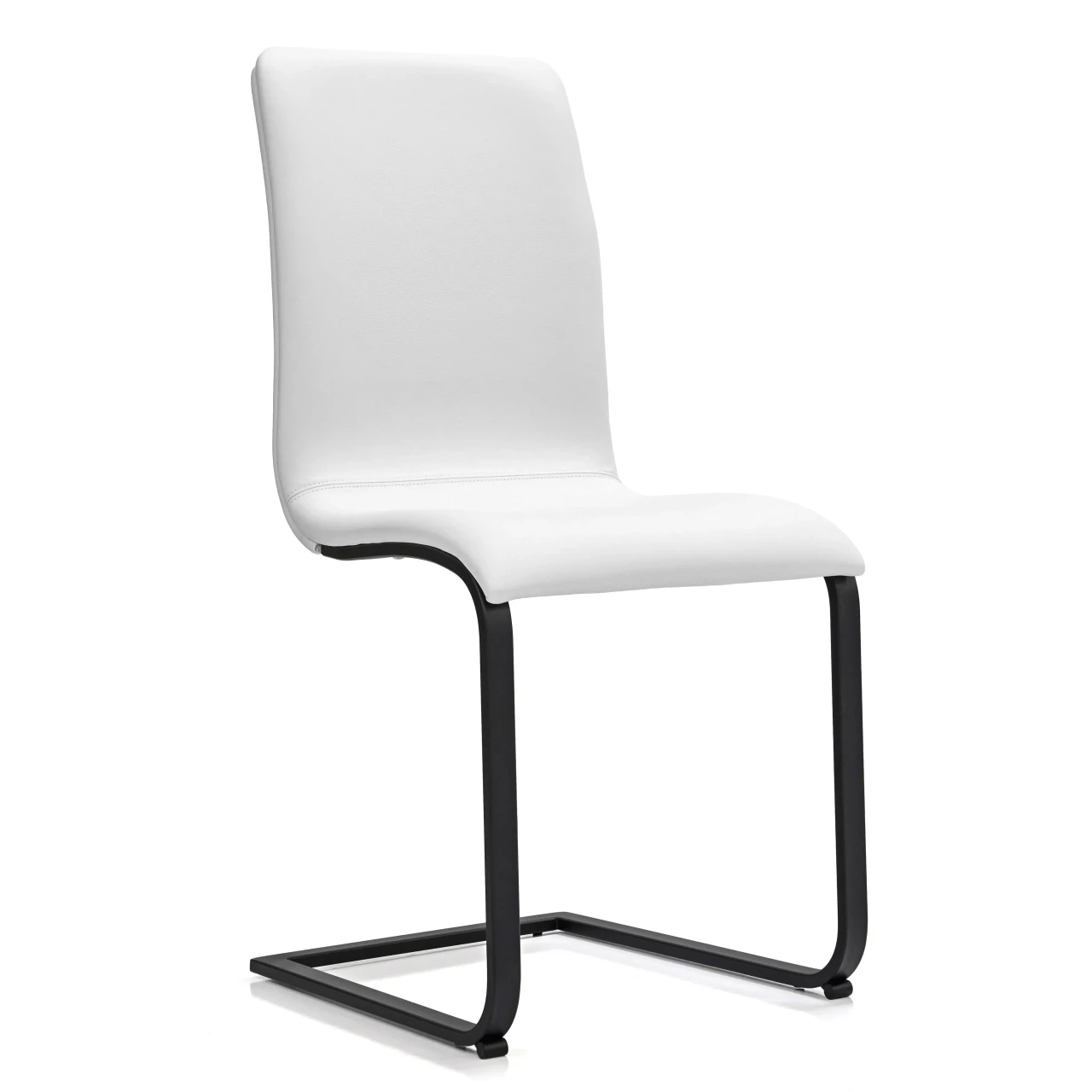 WHITE LEATHER - Toro Side Chair in white leather with black powdercoat frame, modern style, side view, 19.7 inch seat height.