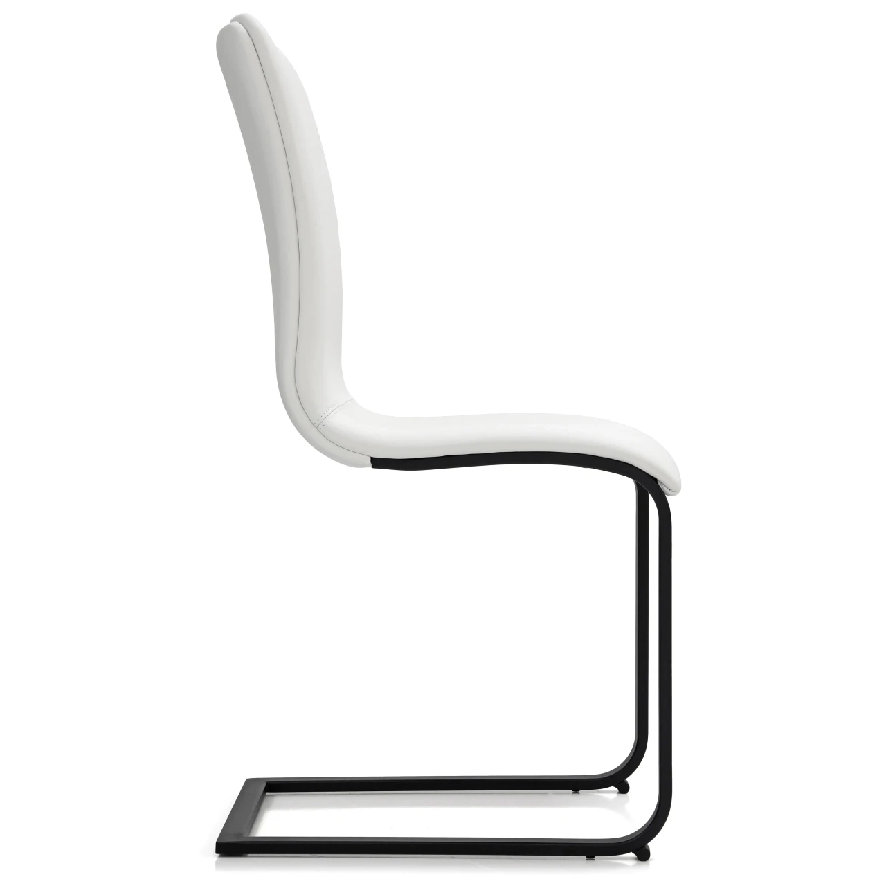 WHITE LEATHER - Toro Side Chair in white leather with black powdercoat frame, modern cantilever style, side profile view.