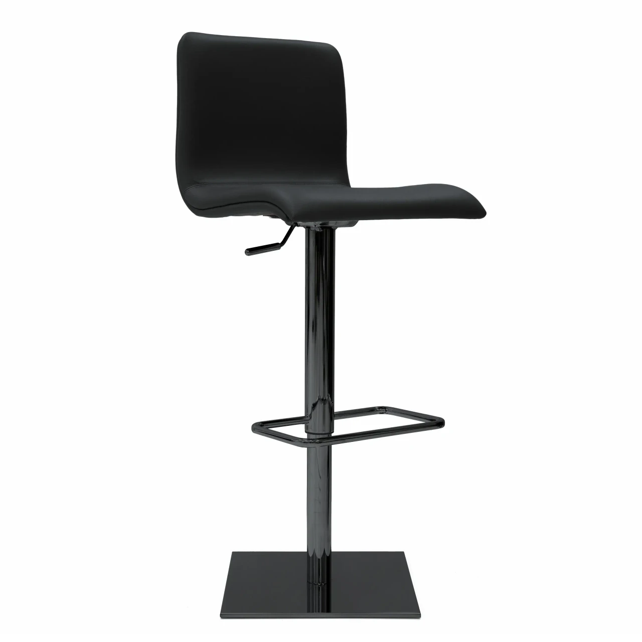 BLACK - Toro Bar Stool in black leather with black chrome lift, base, and footrest, side view.