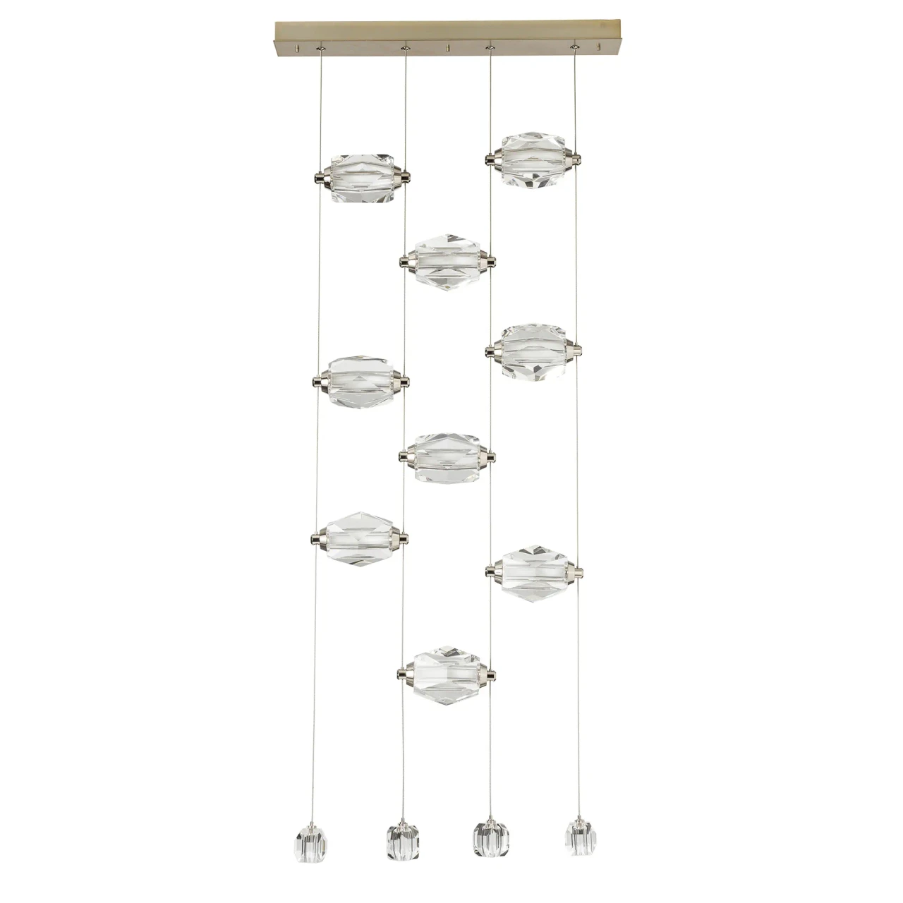 Gatsby 9-light pendant, modern brass finish, crystal, integrated LEDs, front view.