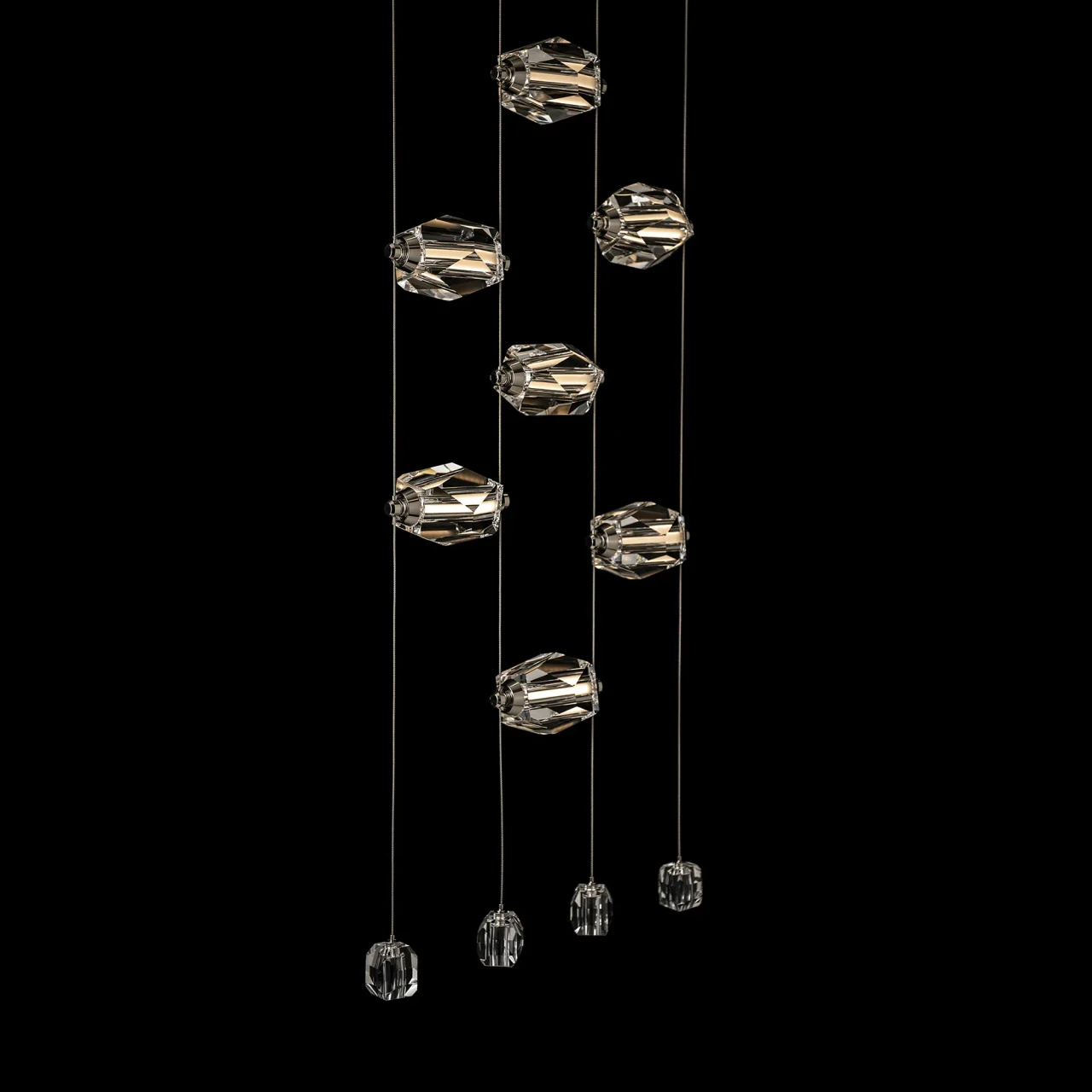 Gatsby 9-light Pendant, modern crystal chandelier with integrated LEDs, brass finish, front view against black background.