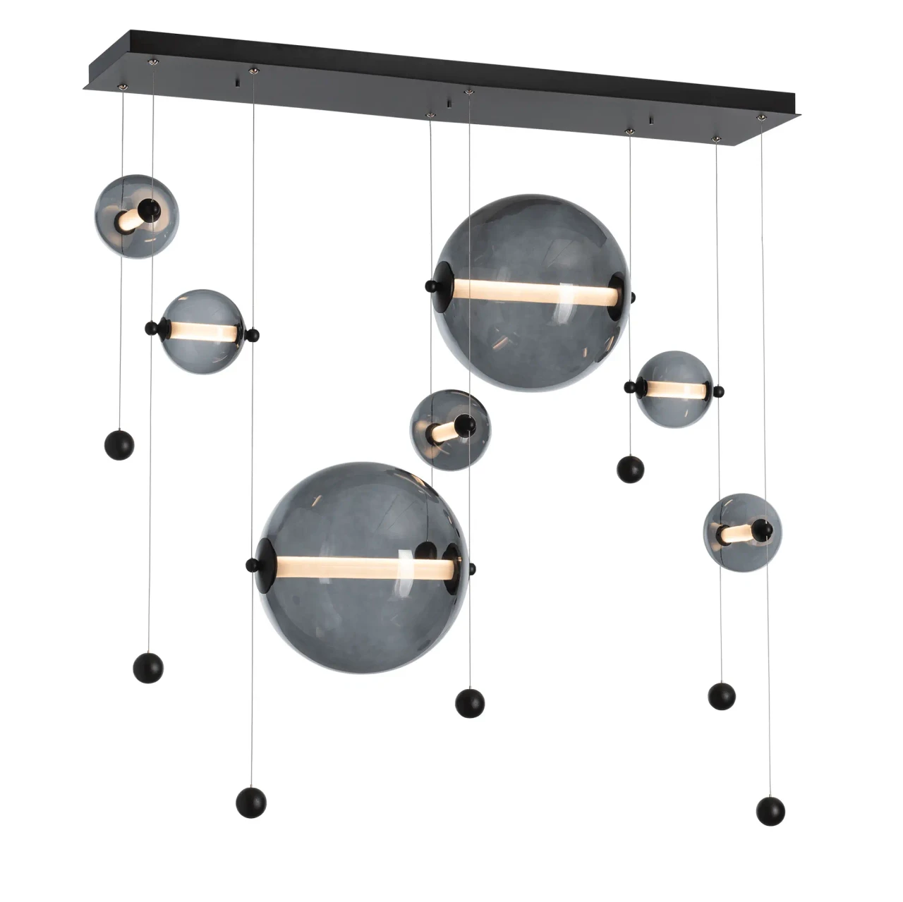 Abacus 7-light chandelier, modern black finish, cool grey glass spheres, LED lights, front view.
