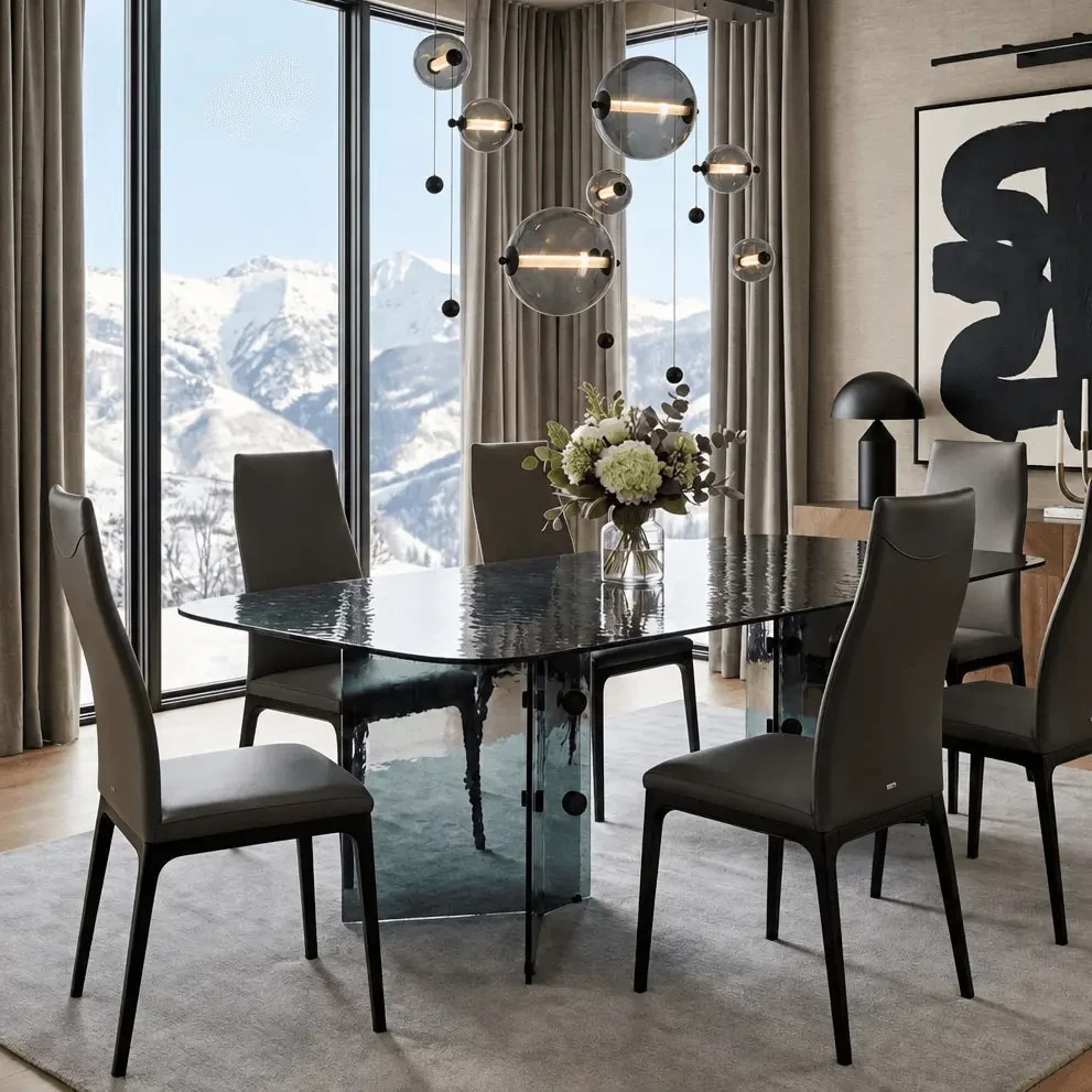 Abacus 7-light Chandelier, modern black finish, cool grey glass spheres, 3000K LEDs, dining room lifestyle view from front.