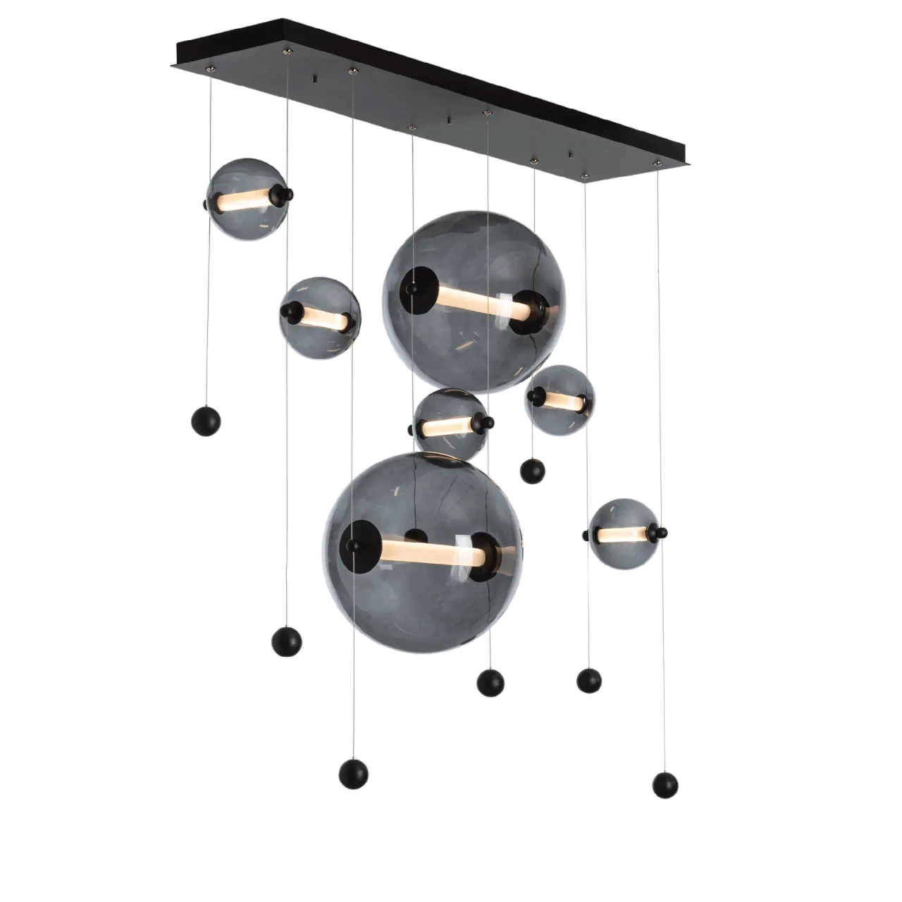Abacus 7-light chandelier, modern style, black finish, cool grey glass, LED lights, front view.