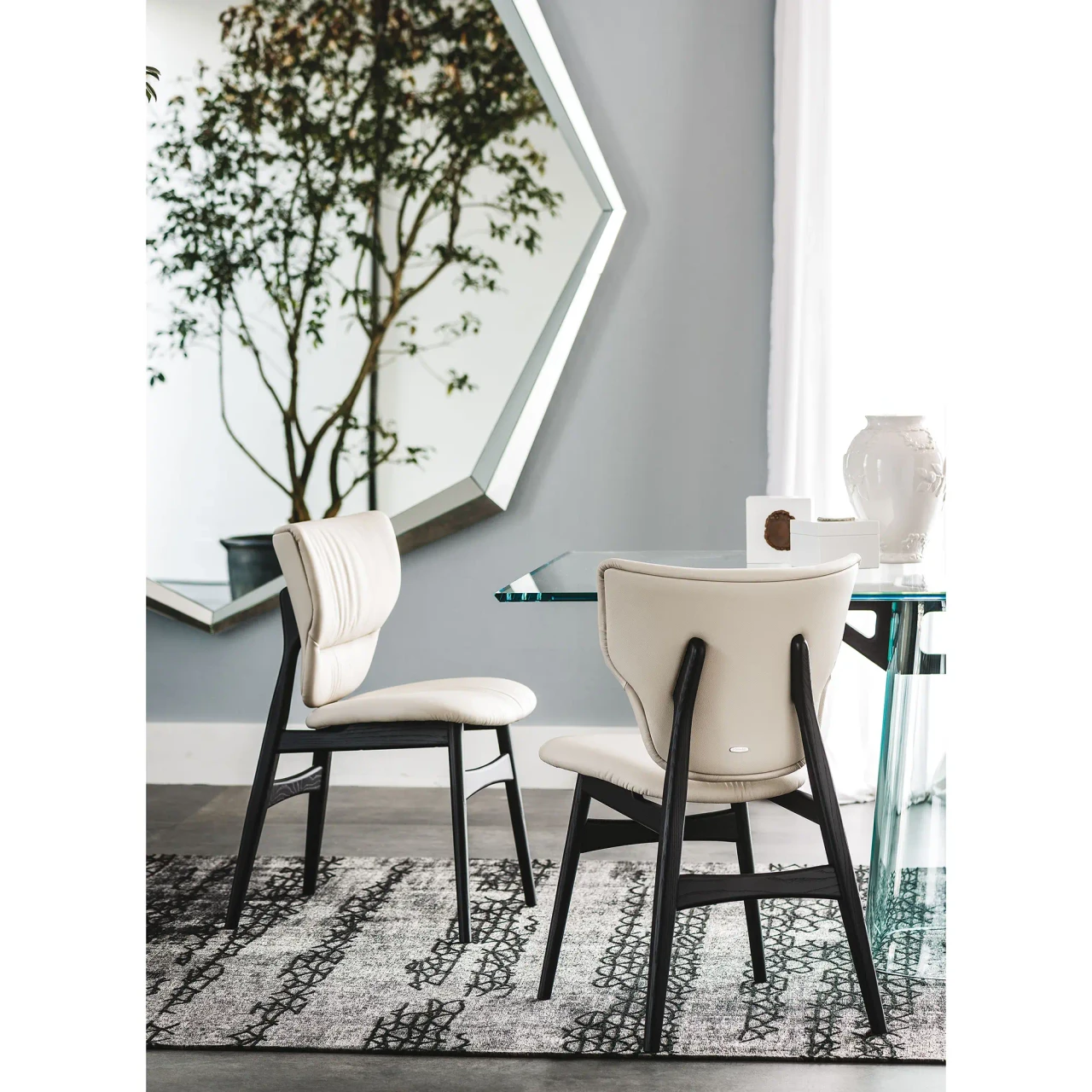 LINO SOFT LEATHER - Cattelan Dumbo Side Chair in Lino Soft Leather 948 and Black Stained Ashwood Frame, dining room setting, rear three-quarter