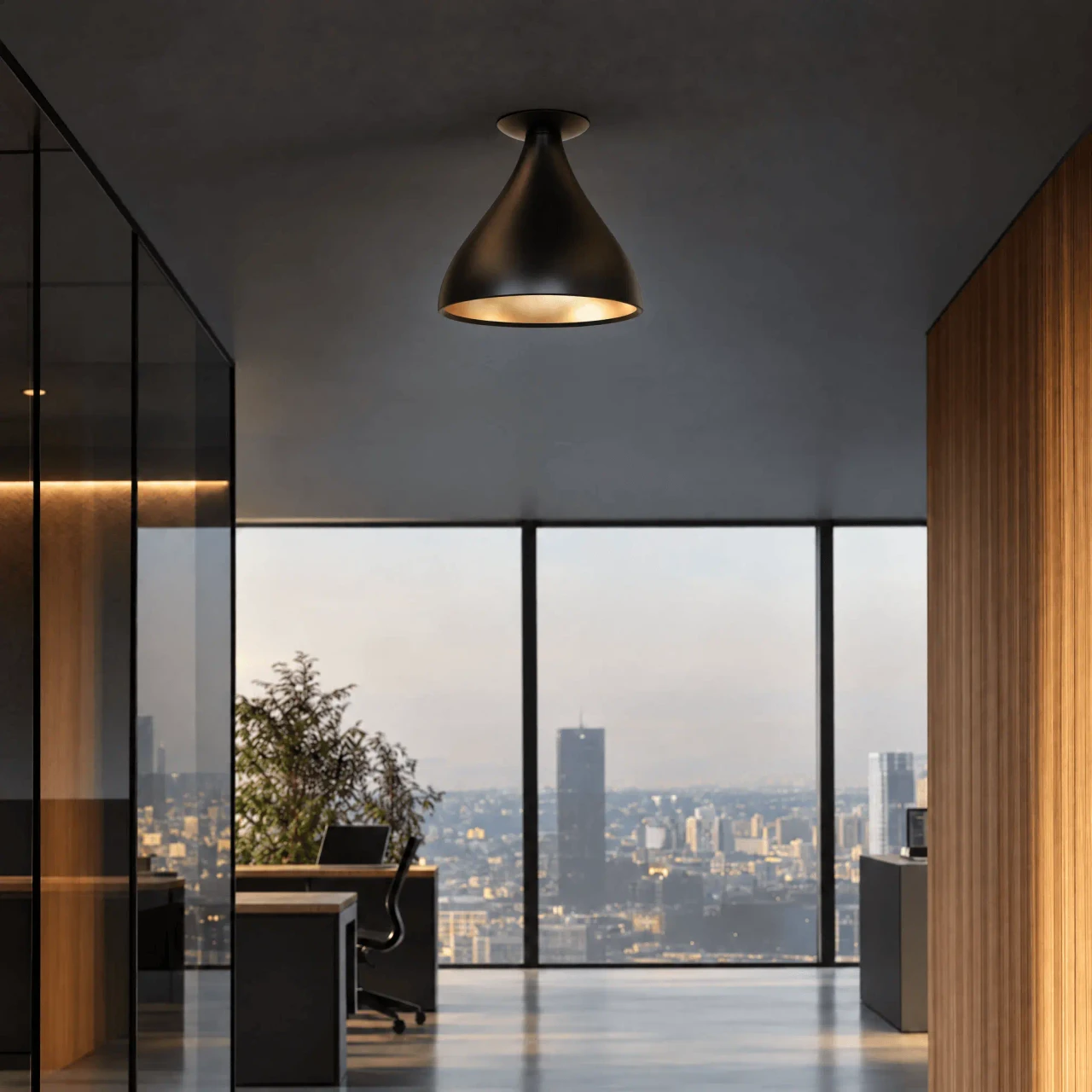 BLACK - Pablo Swell Flush Lamp Medium, matte black exterior, brass interior, modern office setting, low angle view.