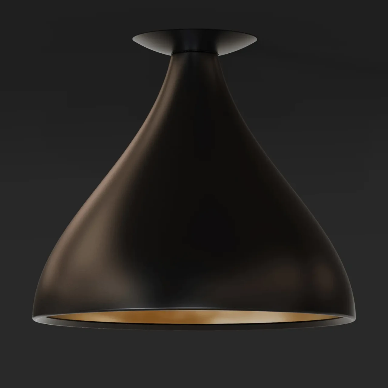 BLACK - Pablo Swell Flush Lamp Medium, modern matte black metal pendant with brass interior, front view.