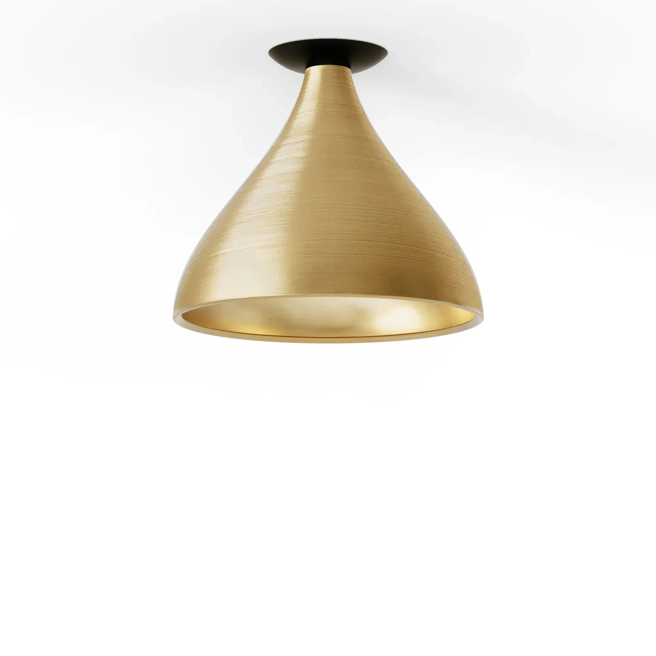 BRASS - Pablo Swell Flush Lamp Medium, modern brass exterior and interior metal pendant light, viewed from a low angle.
