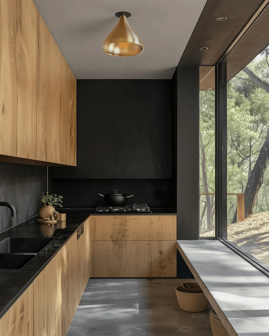 BRASS - Pablo Swell Flush Lamp Medium, Brass Exterior, modern ceiling light in a kitchen, eye-level side angle view.