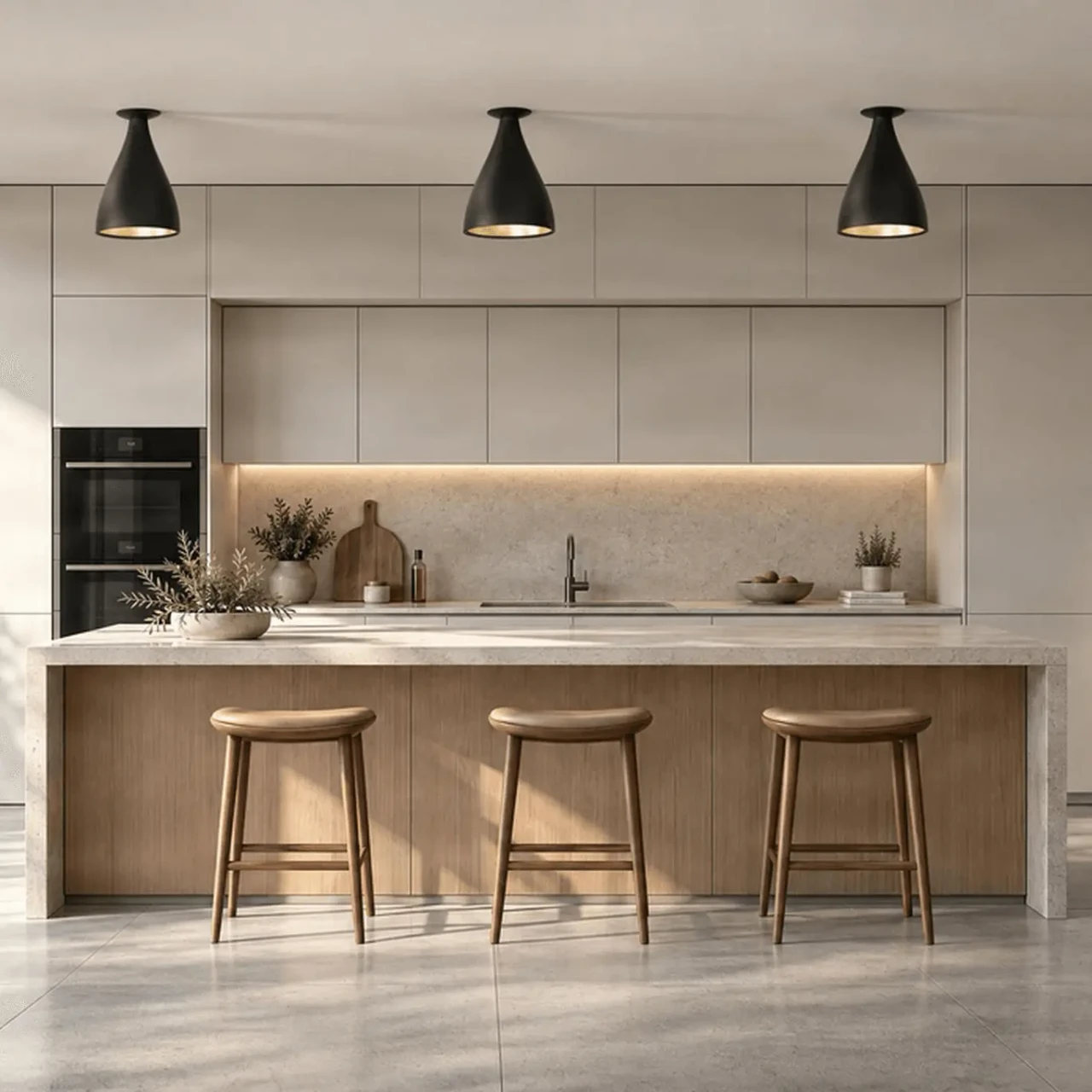 BLACK - Three Pablo Swell Flush Lamp Narrow, matte black exterior, brass interior, in modern kitchen, front view lifestyle shot.