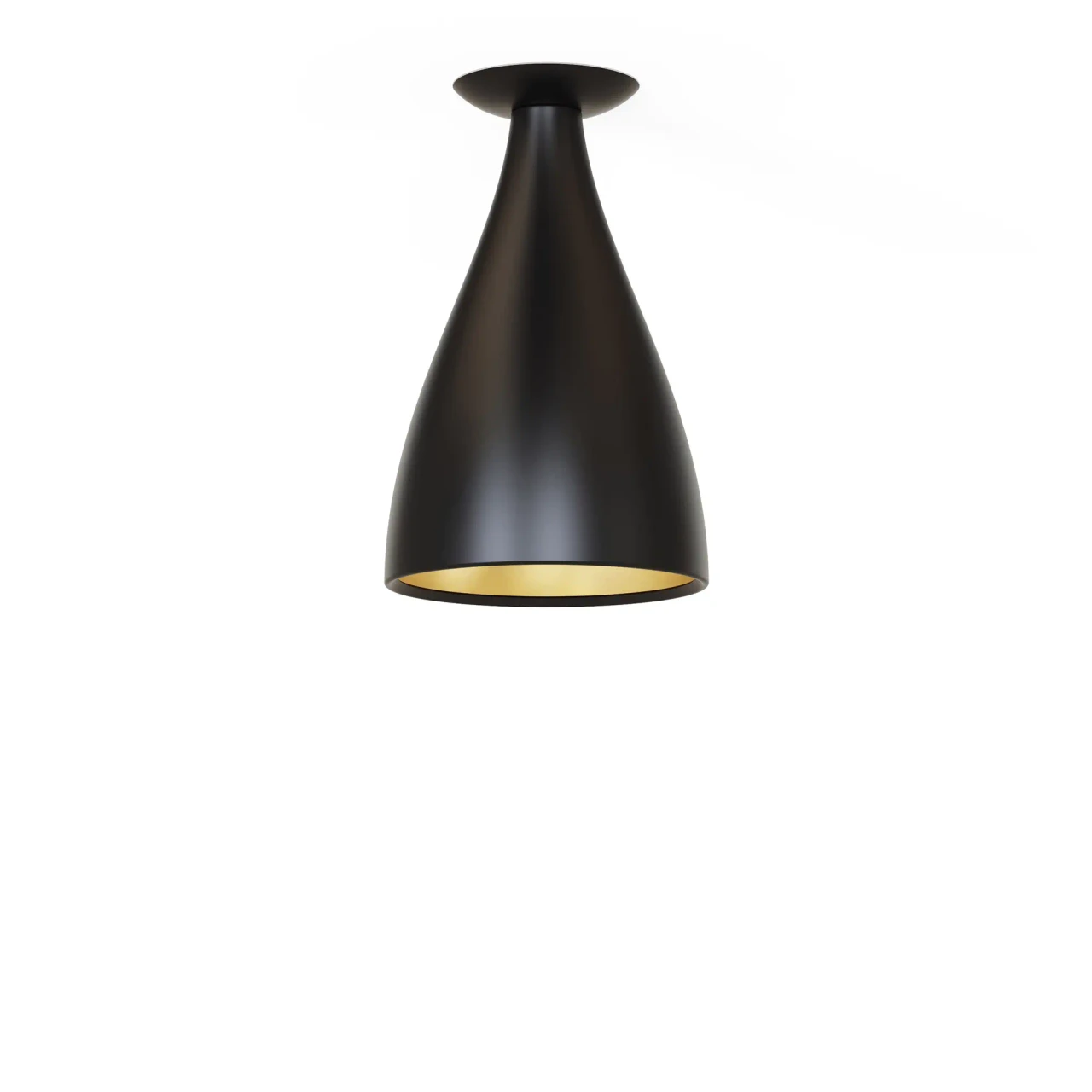 BLACK - Pablo Swell Flush Lamp Narrow, matte black exterior, brass interior, modern LED ceiling light, front view.