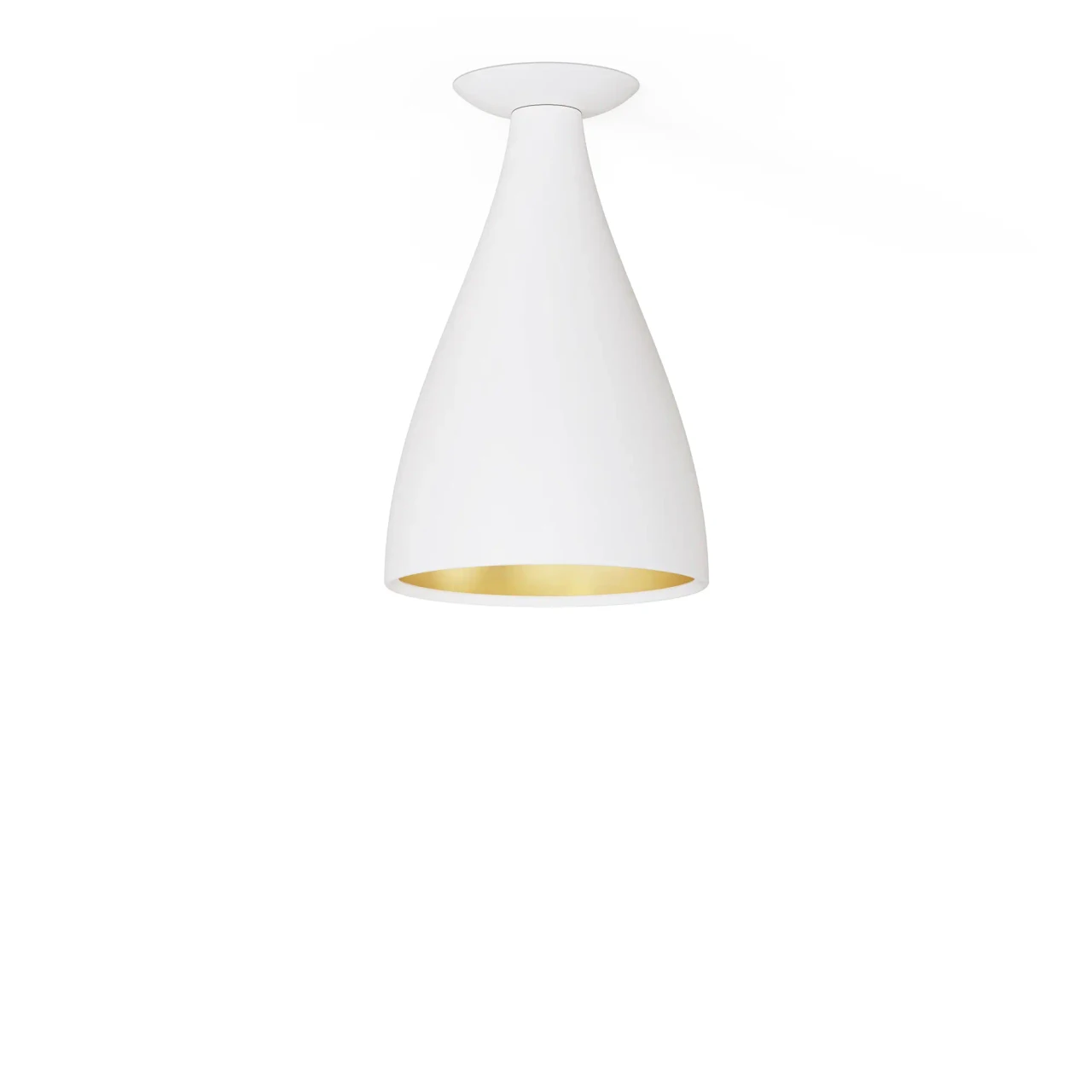 WHITE - Pablo Swell Flush Lamp Narrow, matte white exterior, brass interior, modern LED ceiling light, front view.