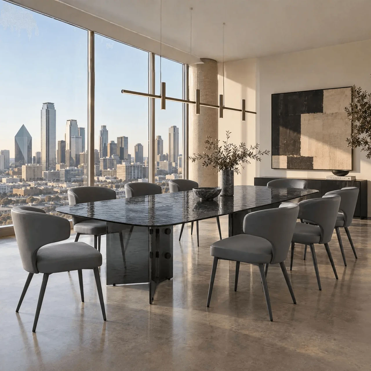 Wing Side Chair in Grey Leather with Charcoal Powder Coat Metal Legs in a modern dining room, angled side view.