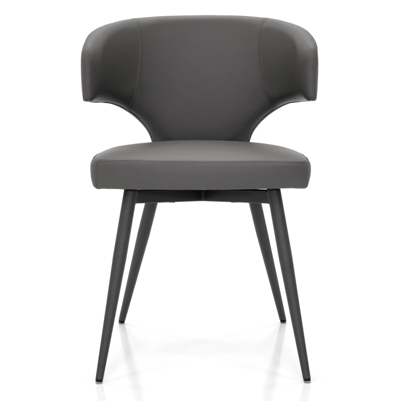 Wing Side Chair in grey leather with charcoal powder coat metal legs, front view.