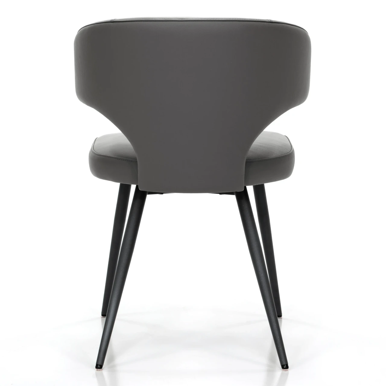 Wing Side Chair in grey leather with charcoal powder coat metal legs, rear view.