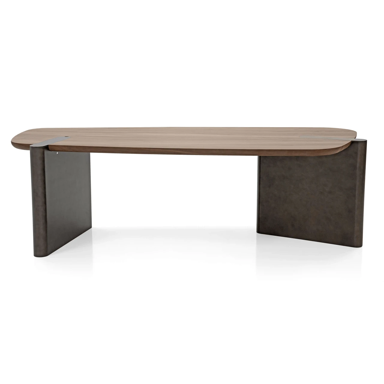 WALNUT - Modern oval coffee table with a brown wood top and dark grey concrete legs, front view.