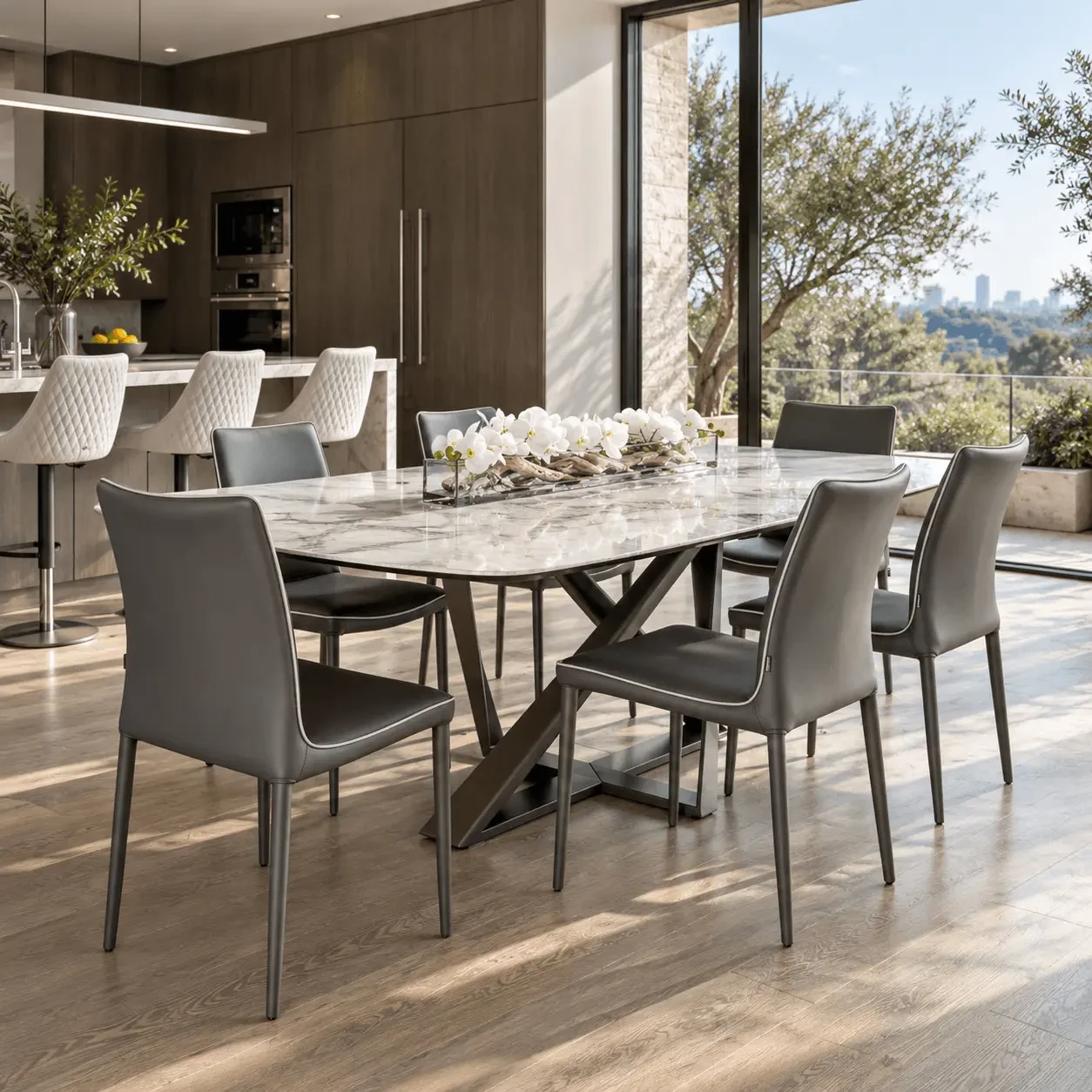 Bontempi Casa Nata Side Chair in Anthracite Eco-Pelle with Light Grey Piping, modern dining room, angled side view.