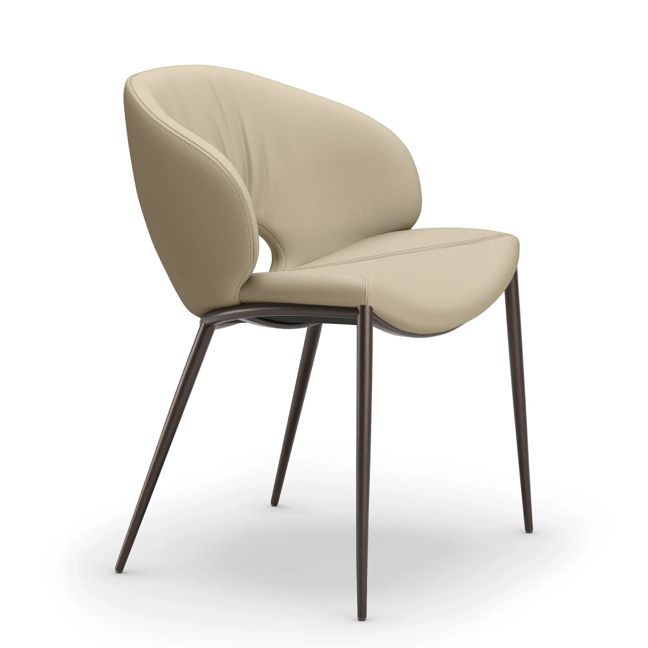Cattelan Miranda Ml Side Chair in Lino Soft Leather with Bronze Embossed Steel Legs, three-quarter view.