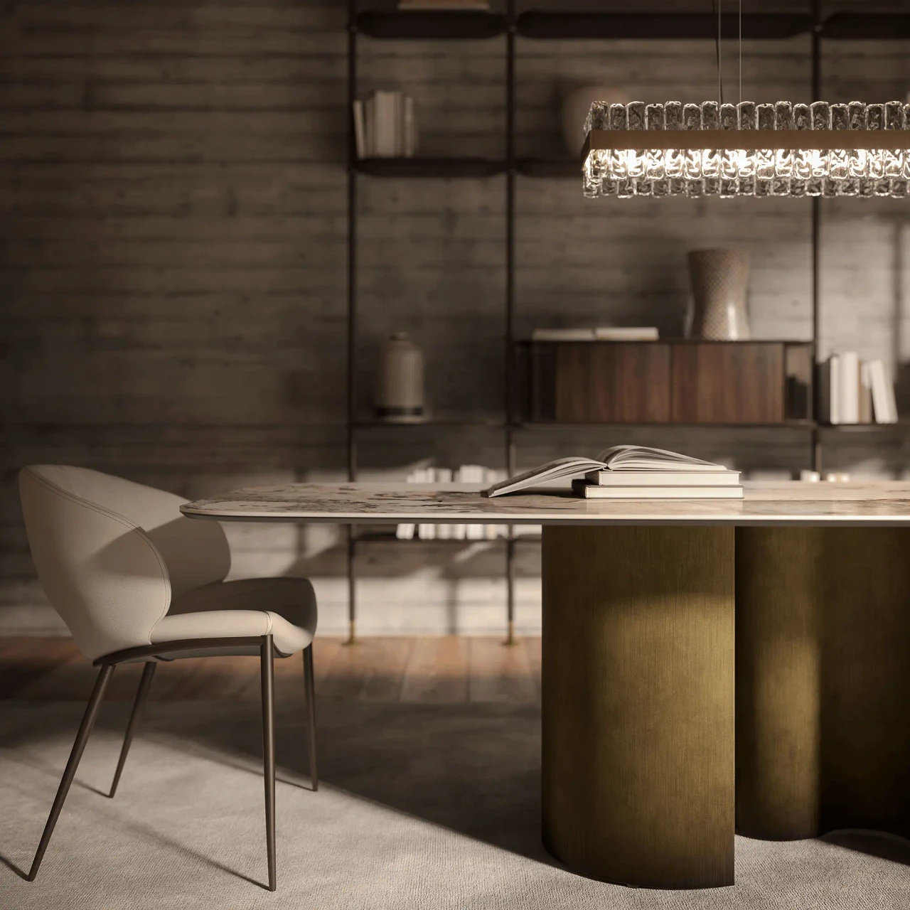 Cattelan Miranda Ml Side Chair in Lino Soft Leather with Bronze Embossed Steel Legs, side view in modern dining room.