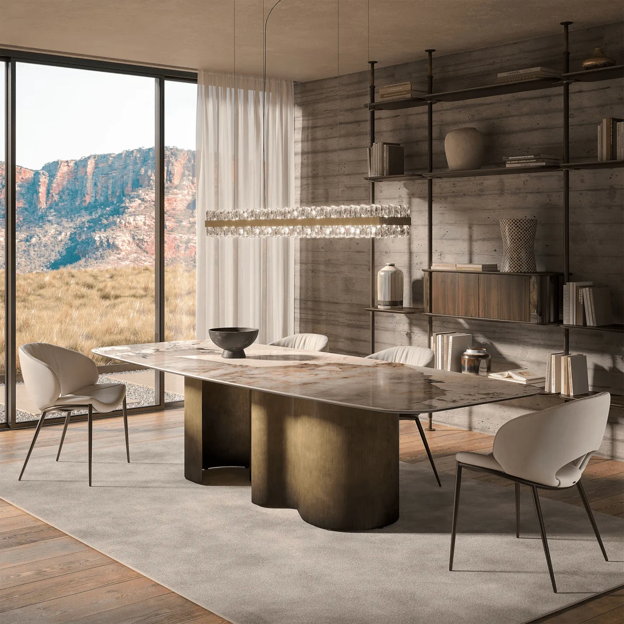 Cattelan Miranda Ml Side Chair in Lino Soft Leather with Bronze Embossed Steel Legs in a modern dining room, side view.
