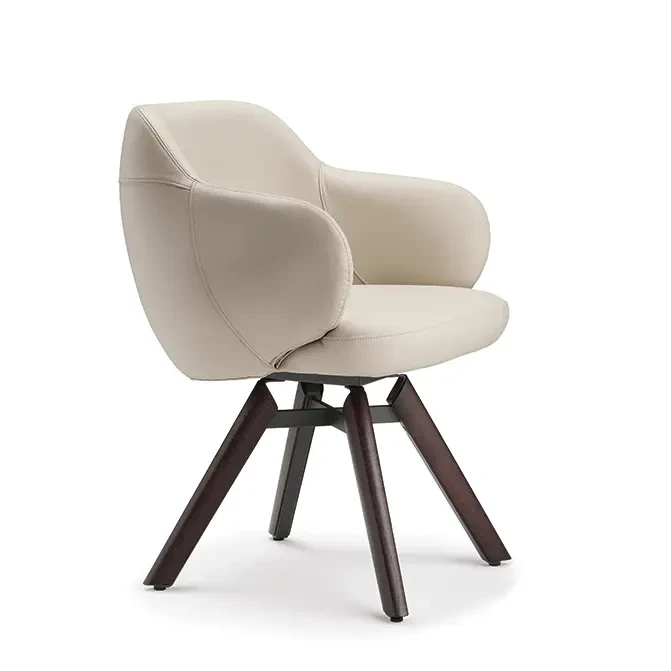 Cattelan Bombe Swivel Chair in Lino Soft Leather with Burned Oak Legs, modern style, three-quarter view.