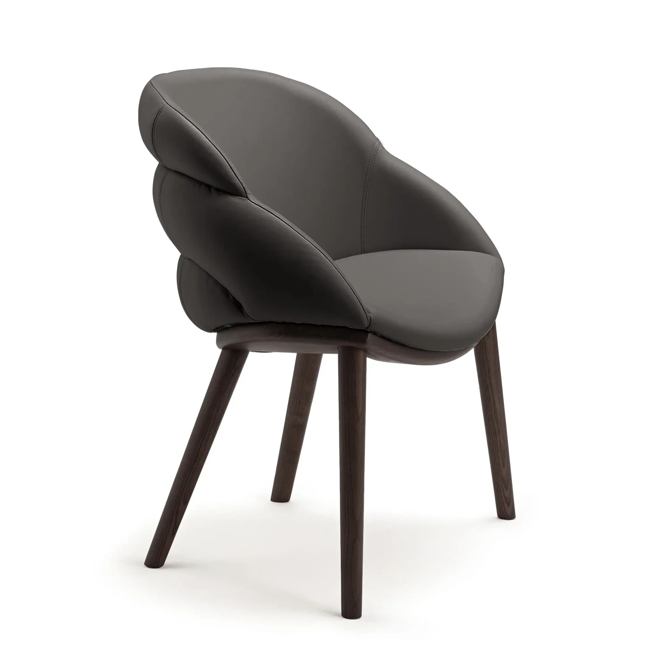 Cattelan Camilla Side Chair in Ardesia soft leather with Burned Oak ash frame, three-quarter view.