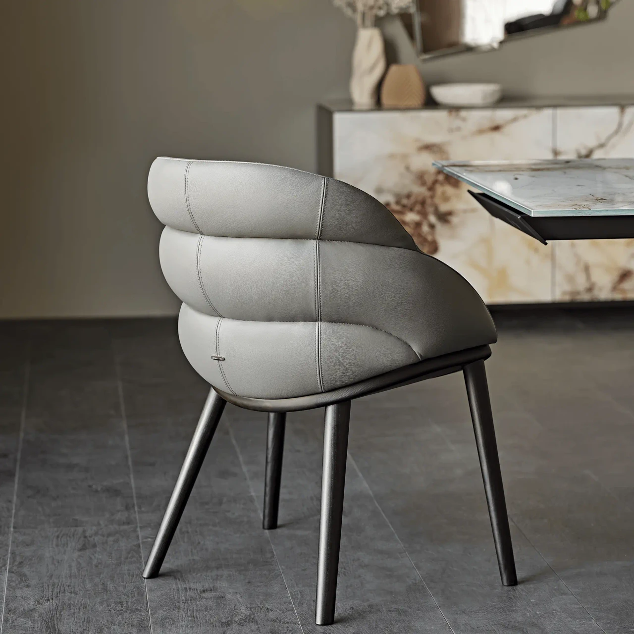 Cattelan Camilla Side Chair in Ardesia soft leather with Burned Oak Ash frame, rear angle view in a dining room setting.
