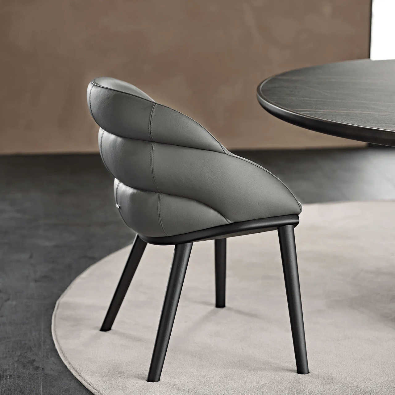 Cattelan Camilla Side Chair in Ardesia Soft Leather with Burned Oak Ash Frame, modern dining room, rear three-quarter view.