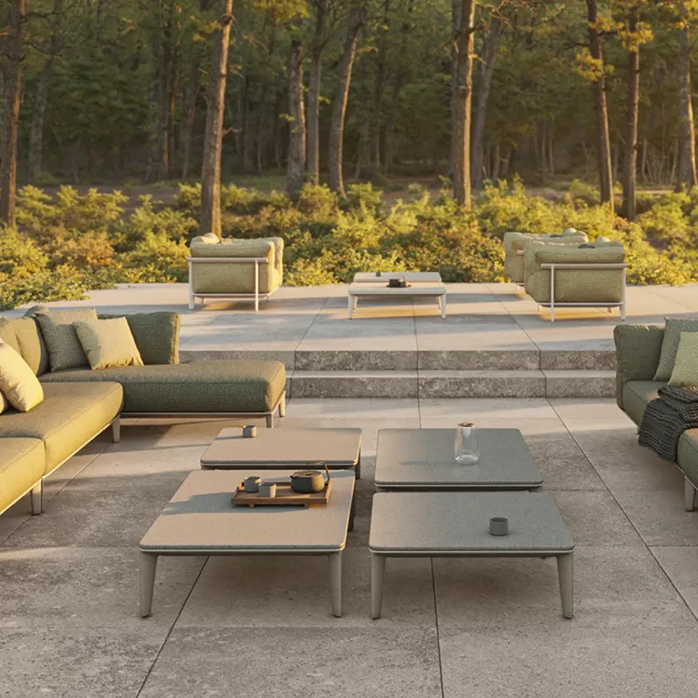Vondom Pasadena Cocktail Tables, modern outdoor style, Tortora powder coat frame and concrete top, front angle view.