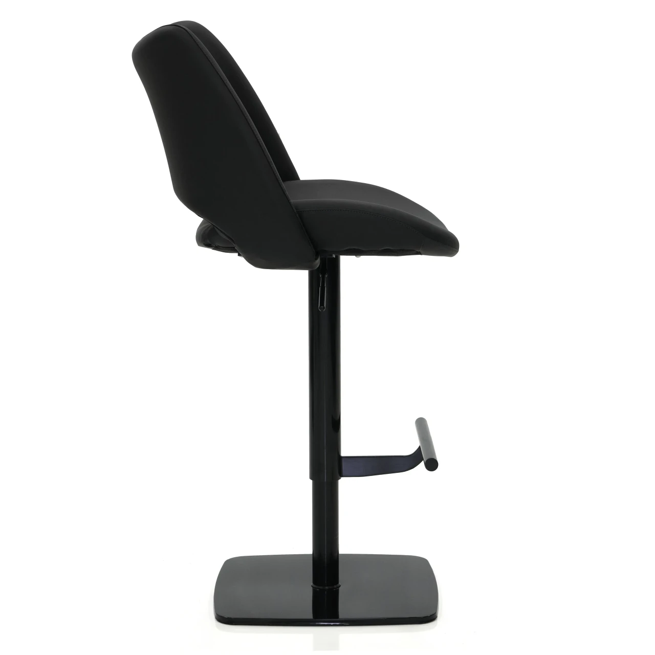 Malibu Bar Stool, modern black EcoPelle and stainless steel, adjustable height with footrest, side view.