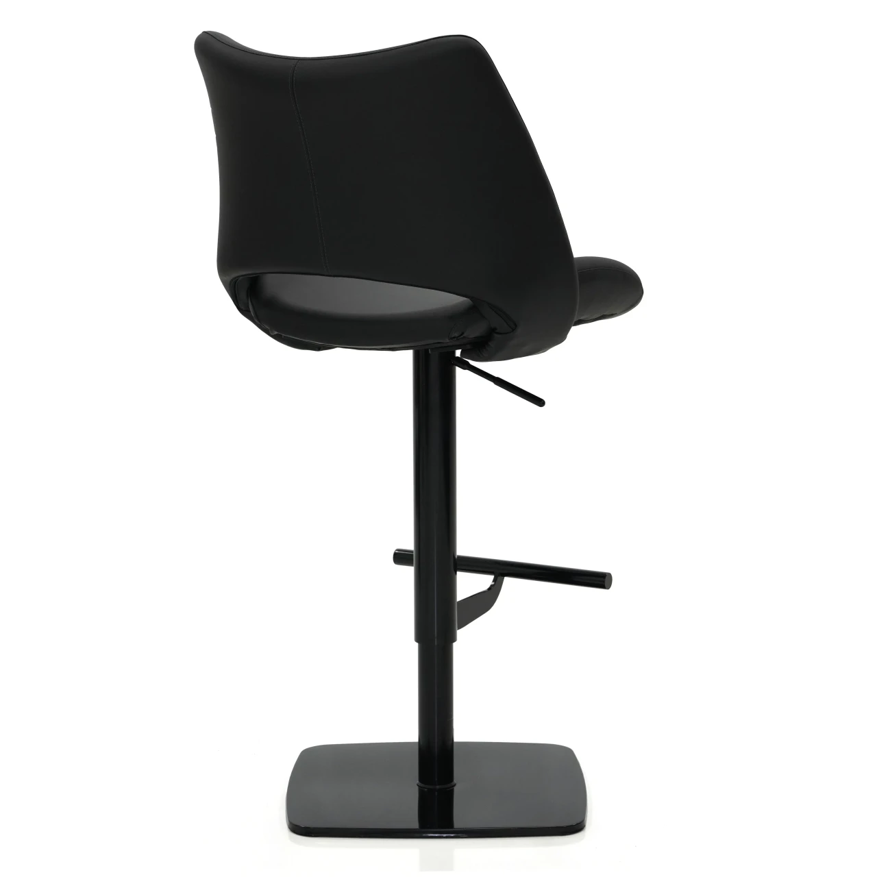 Malibu Bar Stool, modern black EcoPelle and stainless steel, adjustable height with footrest, side view.