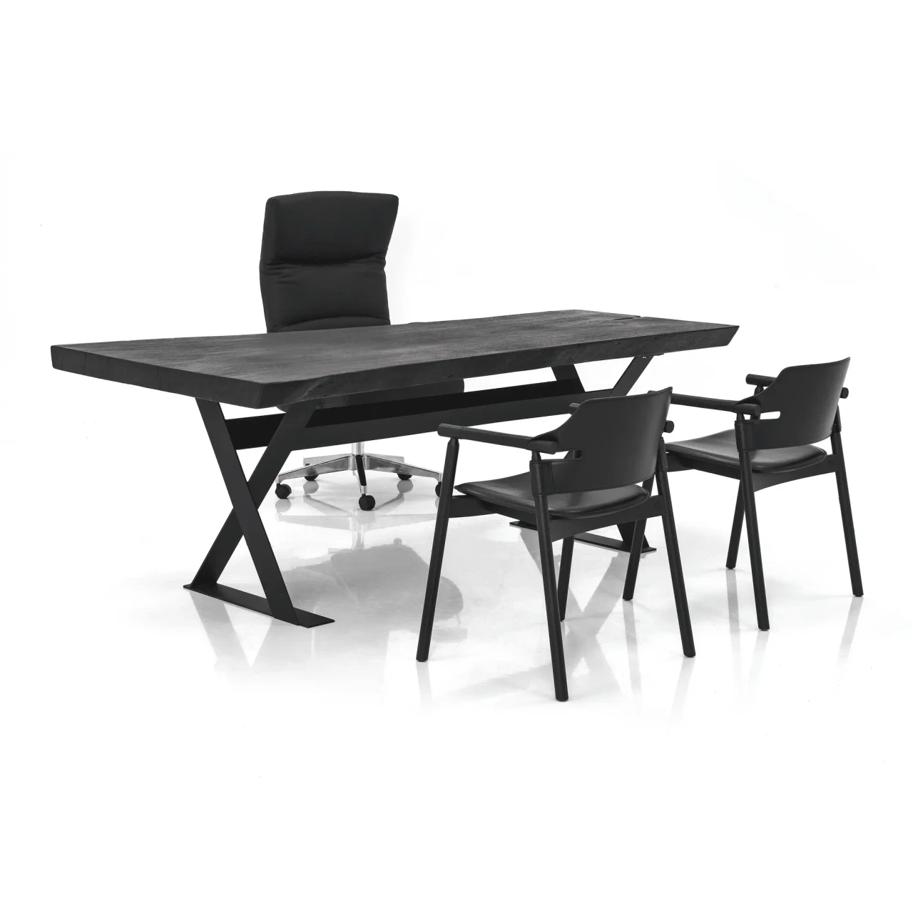BLACK - Suite P Arm Chair and desk in black lacquered ash frame and black hide leather, modern office set, three-quarter view.